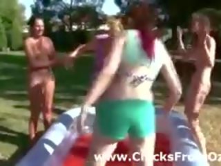 Aussie Amateur Lesbians Playing In Pool Outdoors
